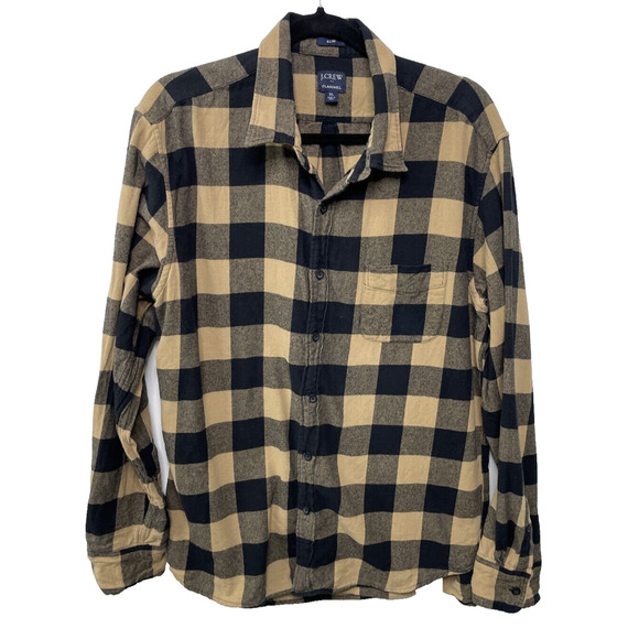 J. Crew Plaid Black Tan Flannel Button Up Shirt Pocket XL Lumber Rugged Camp - Picture 1 of 9
